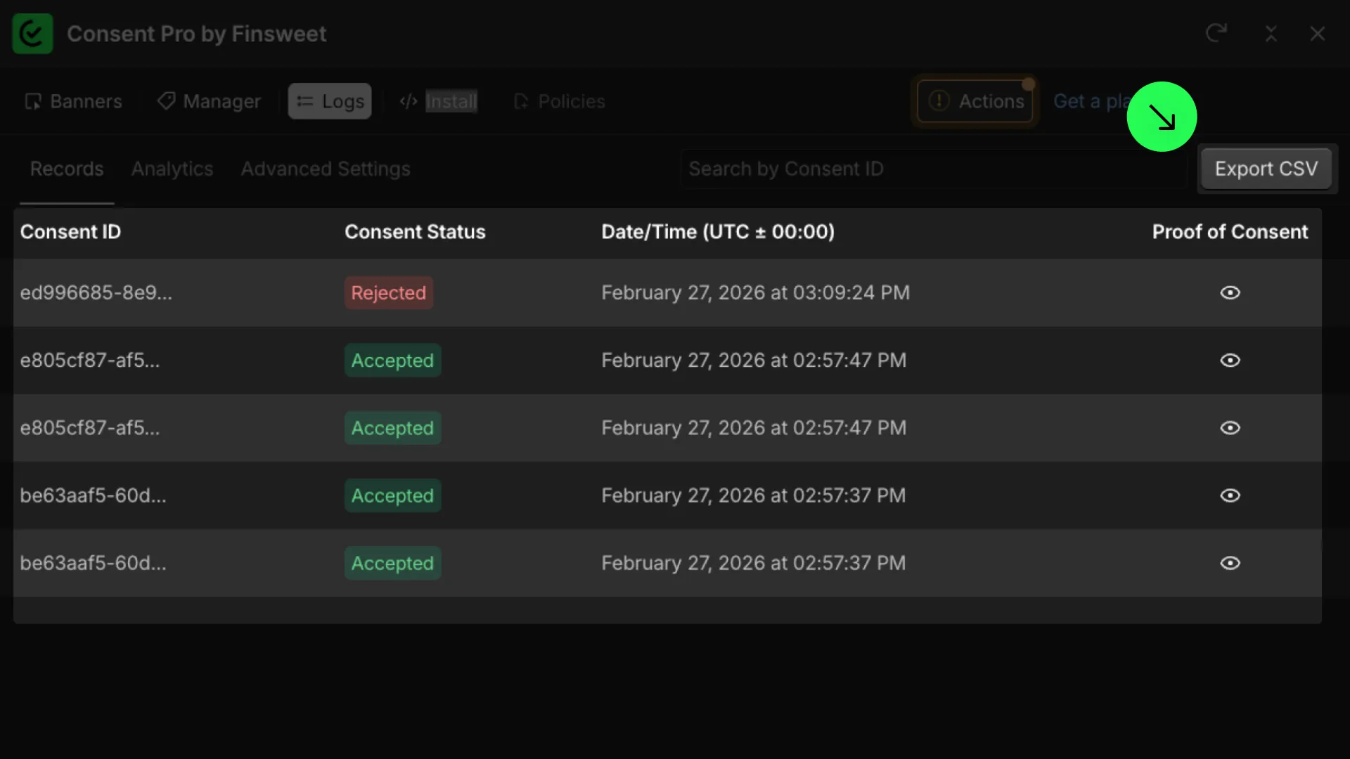 Consent Logs tab showing the Records view with Consent ID, Consent Status, Date/Time, and Proof of Consent columns