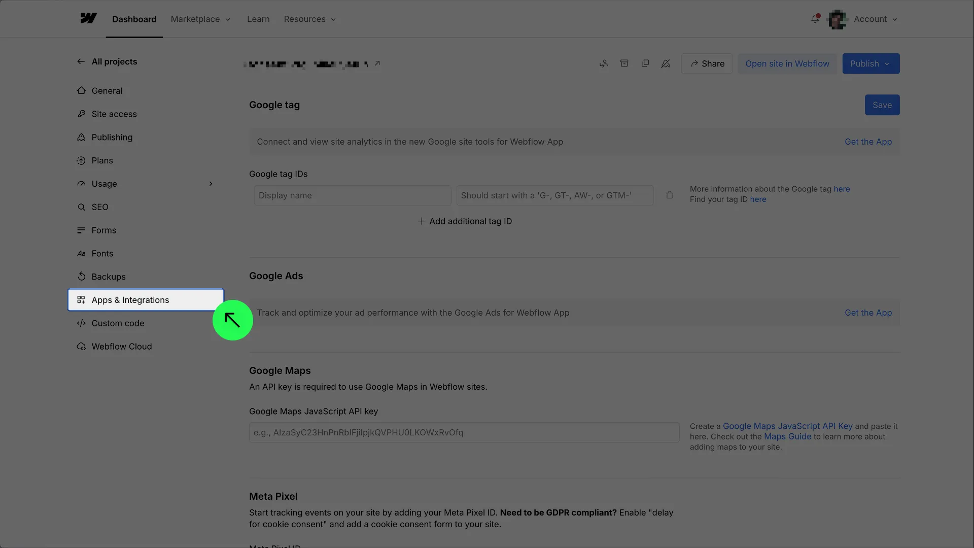 Site settings — open Apps & Integrations
