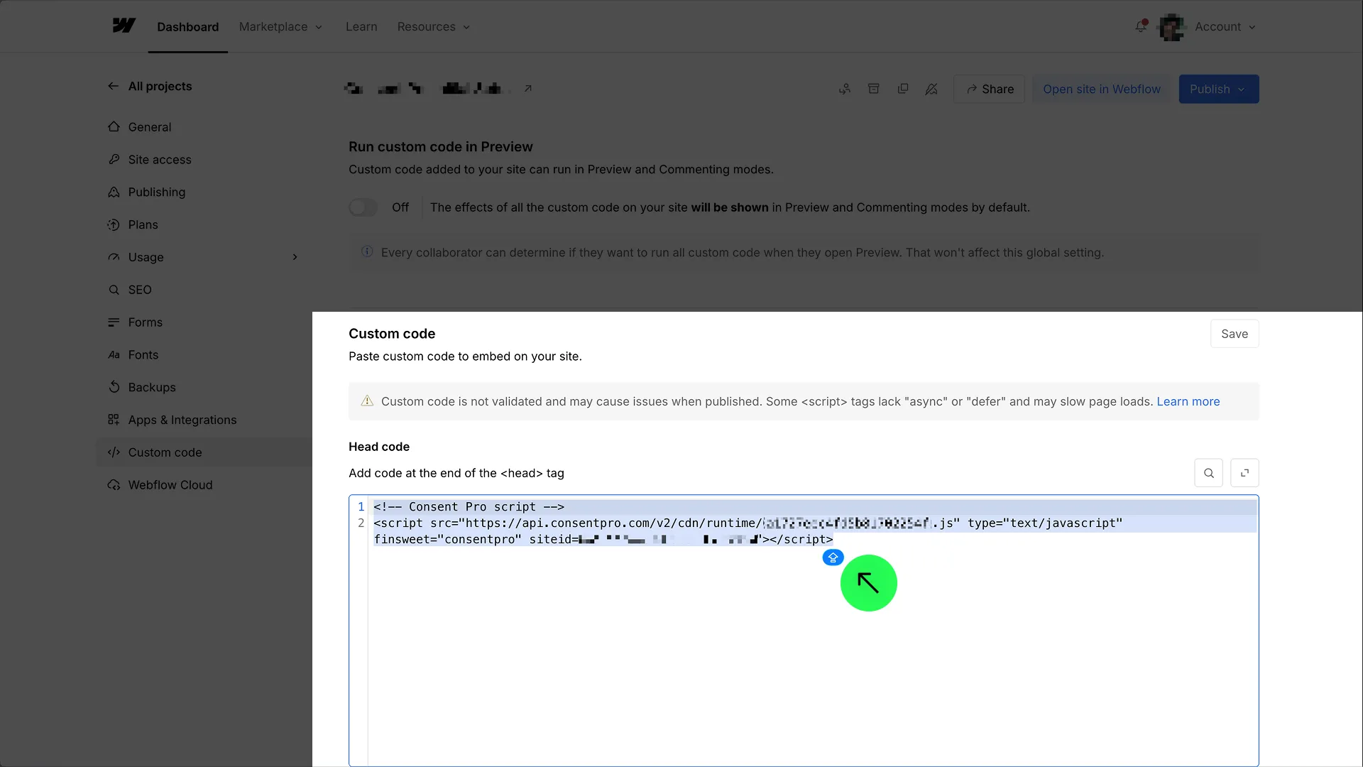 Remove the Consent Pro script from Head code