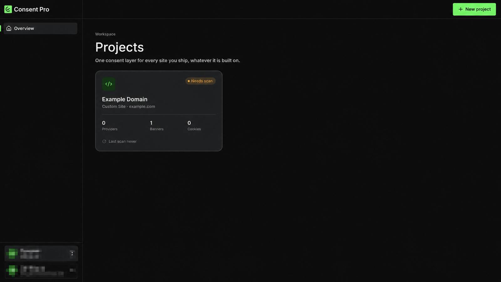 Projects page with the New project action in the header