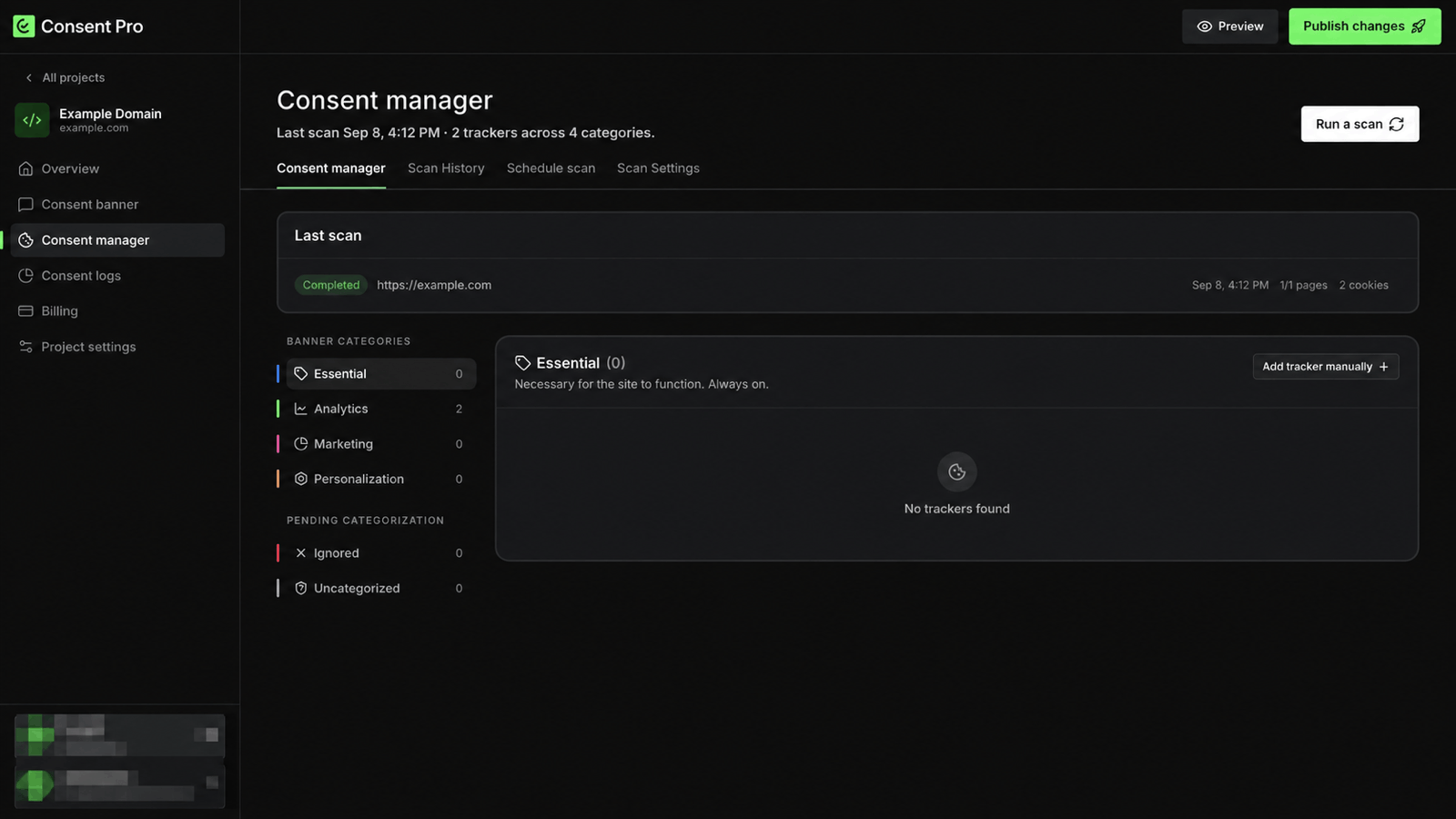 Consent manager tab with the last scan summary