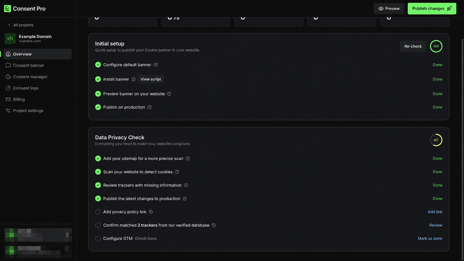 Configure GTM row in Data Privacy Check on the project overview