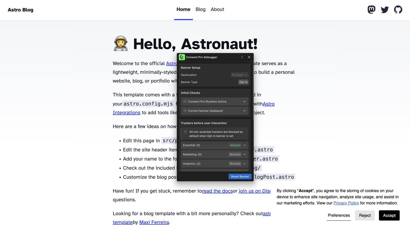 The expanded Consent Pro Debugger overlay on a custom site