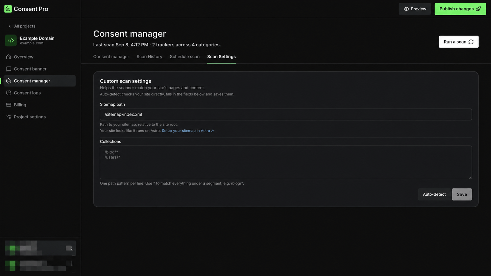 Custom scan settings with Sitemap path and Collections