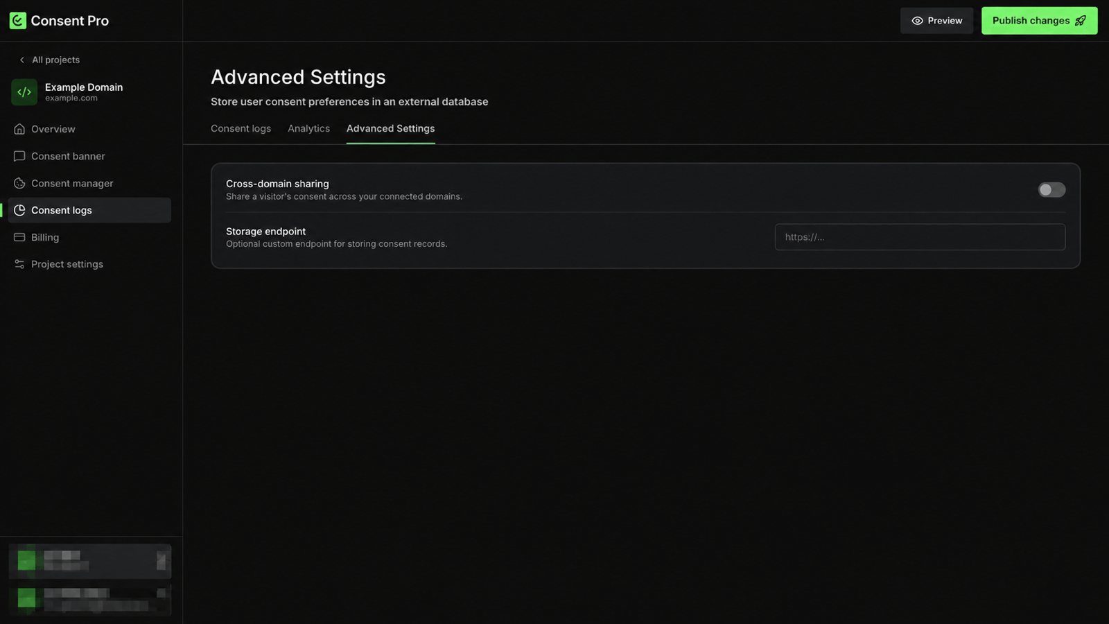 Storage endpoint field under Consent logs, Advanced Settings